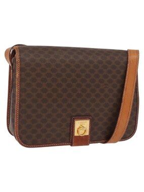 Authentic CELINE Macadam Canvas Shoulder Bag PVC Leather Brown Gold